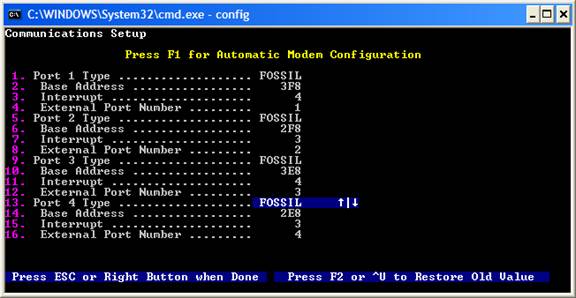 COM Port Setups with all port types set to FOSSIL